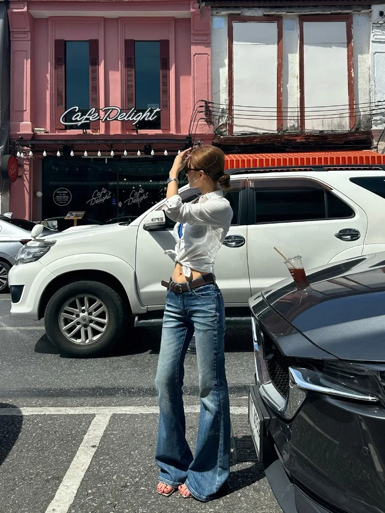 【FANGTING】 Women Spring Summer Low Waist Flared Jeans Washed Casual Bell Bottom Pants Floor Length Trousers For Tall Women