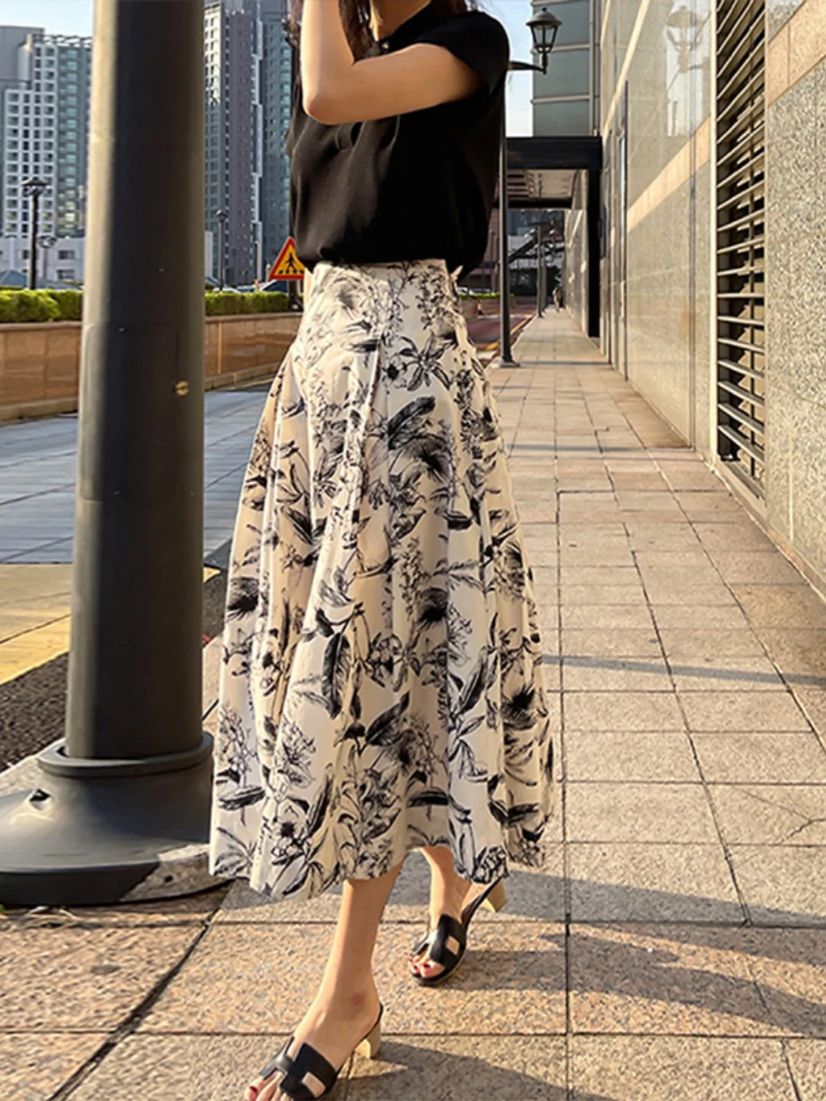 

Юбка миди А-силуэта с завышенной талией и акварельным принтом для женщин, повседневная, весна-осень, деловой повседневный стиль