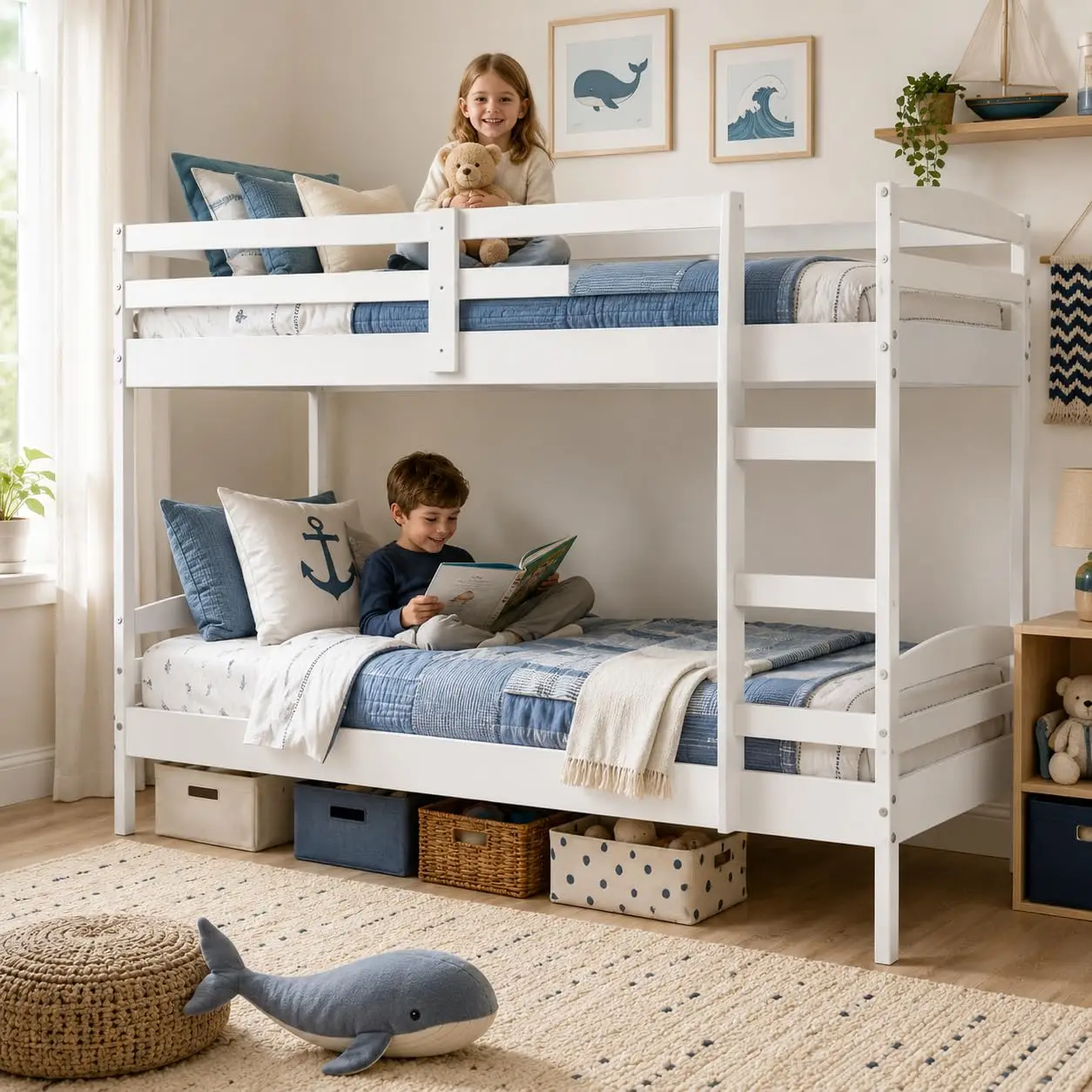 Twin Over Twin Bunk Bed  — Solid Pine Wood with Full-Length Safety Rails & Hang-On Ladder — 220 lbs Per, Customized