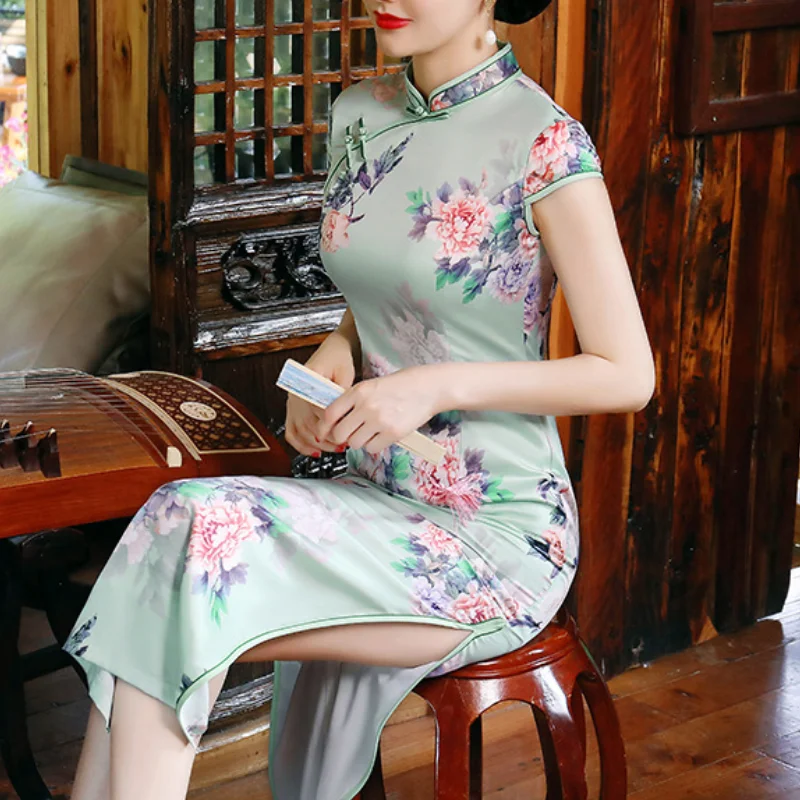 Large Size Chinese Traditional Qipaos Dress Female Sexy Slim Fit Slit Cheongsam Vintage Printed Flower Vestidos De Festa 5XL