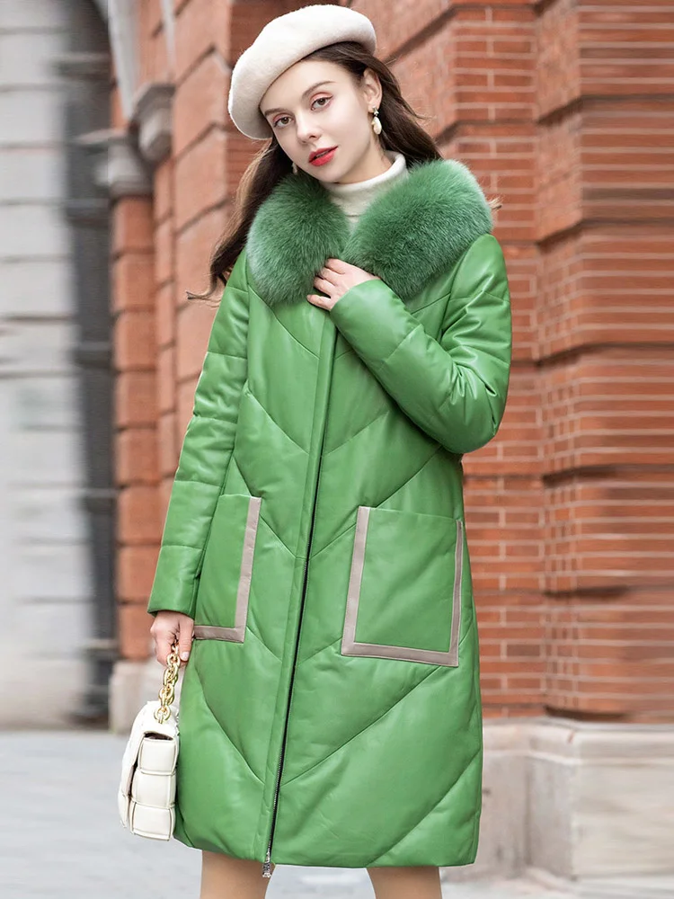 

Winter New Patty Fur Collar Casual Simple Leather Coat, Genuine Leather Down Coat, Women's Mid length 205K