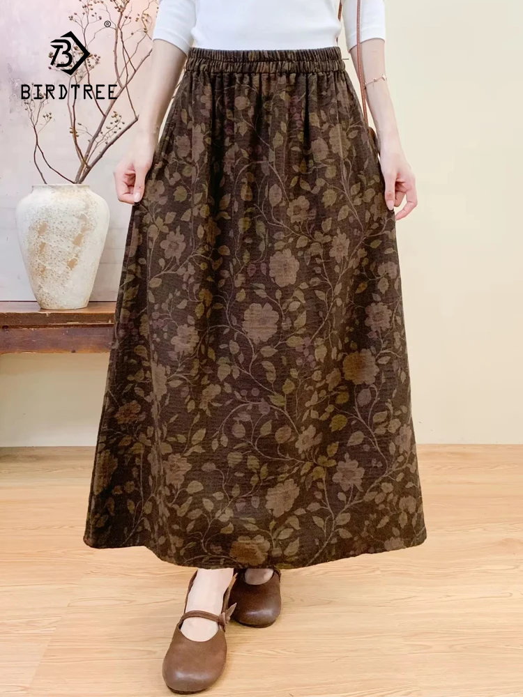 

New 2025 Autumn Cotton Linen Skirt, Women Elastic Waist Floral Print, Mori Girl French Retro Casual Loose A-line Skirt B5O640CC