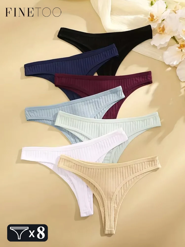 8Pcs/Set Cotton Thongs Panties Women's Ribbed G-String Multi Color Panties Sexy Low-Waist Underwear Solid Breathable Lingerie