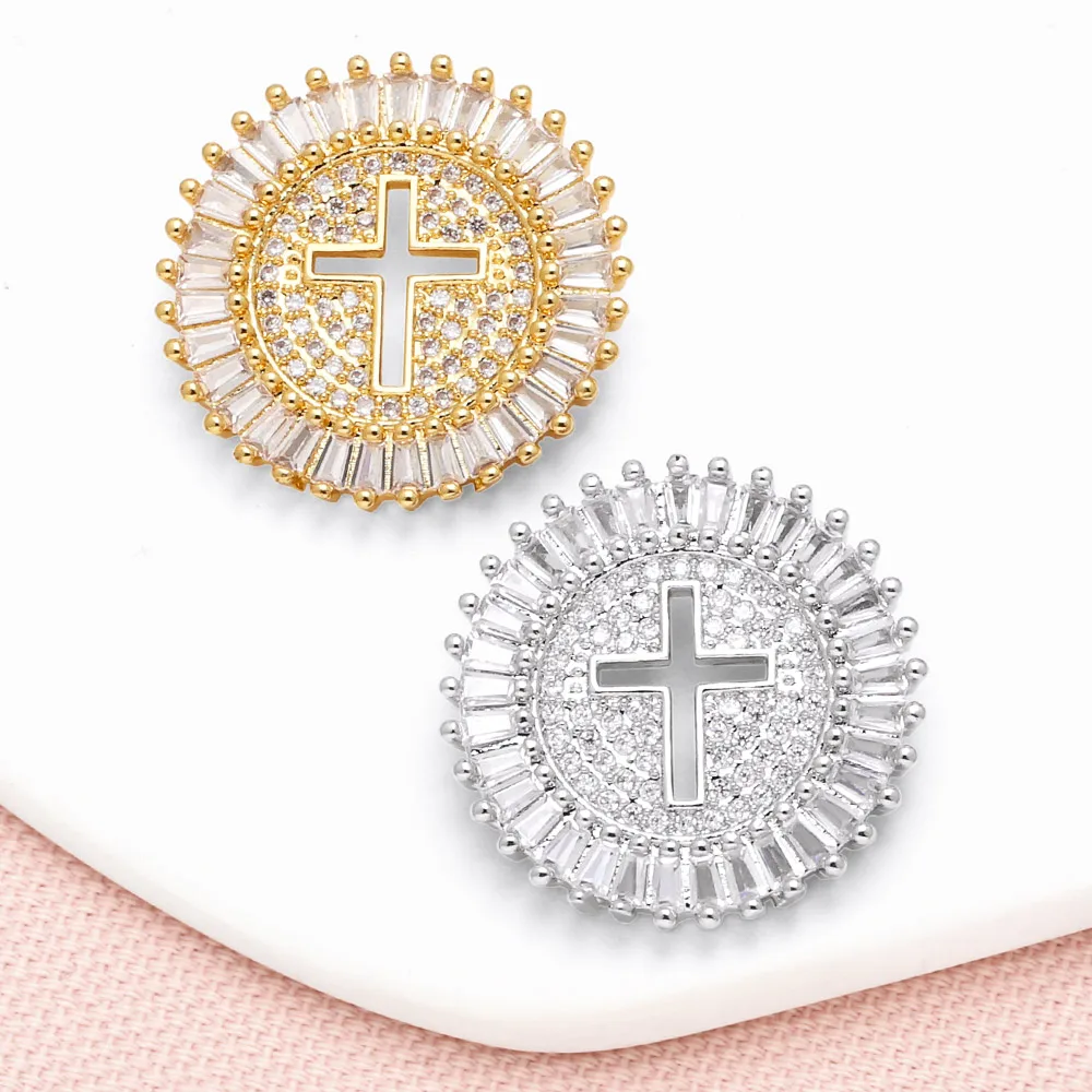 OCESRIO Fashion White Crystal Hollow Cross Round Pendant for Necklaces Copper Gold/Silver Color Jewelry Making Component pdtb755