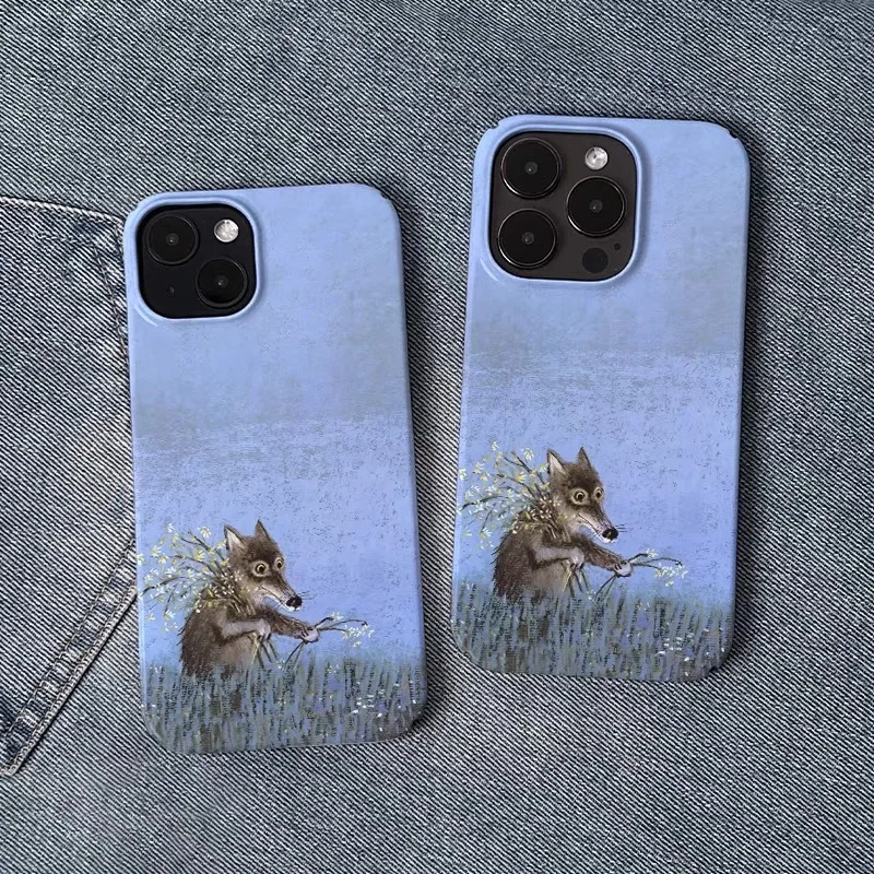 INS Blue Graffiti Fairy Tale Wolf Case for IPHONE 16 15 PLUS 14 13 PRO MAX 15 15PLUS 15PRO Case Acrylic Hard Mobile Phone Cases