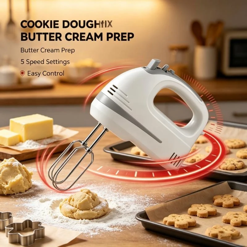 Wetech W6315 Mixer a Mano 200W 5 Velocità Turbo con Frusta in Acciaio e Ganci per Preparazione di Cupcake Fatti in Casa