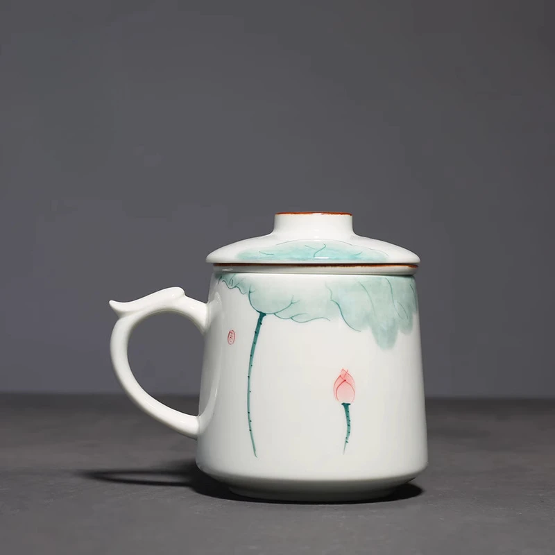 Chinese Style Ceramic Mugs, Home Personal Office Creative Teacup With Cover, Filtered Tea Water Separation, Tea Cups, 375ml, 1Pc