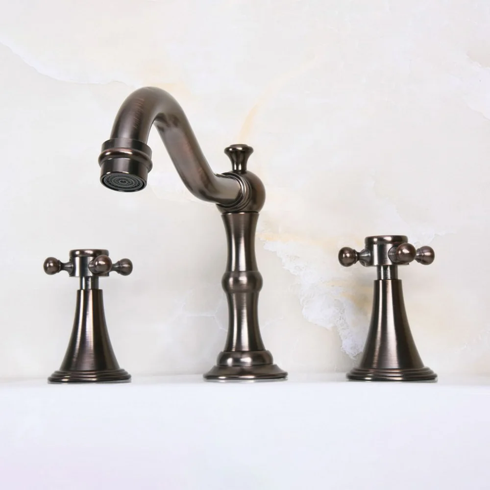 Brown ORB Widespread Bathroom Basin Faucet Dual Handle 3 Holes Basin Mixer Sink Taps Deck Mounted