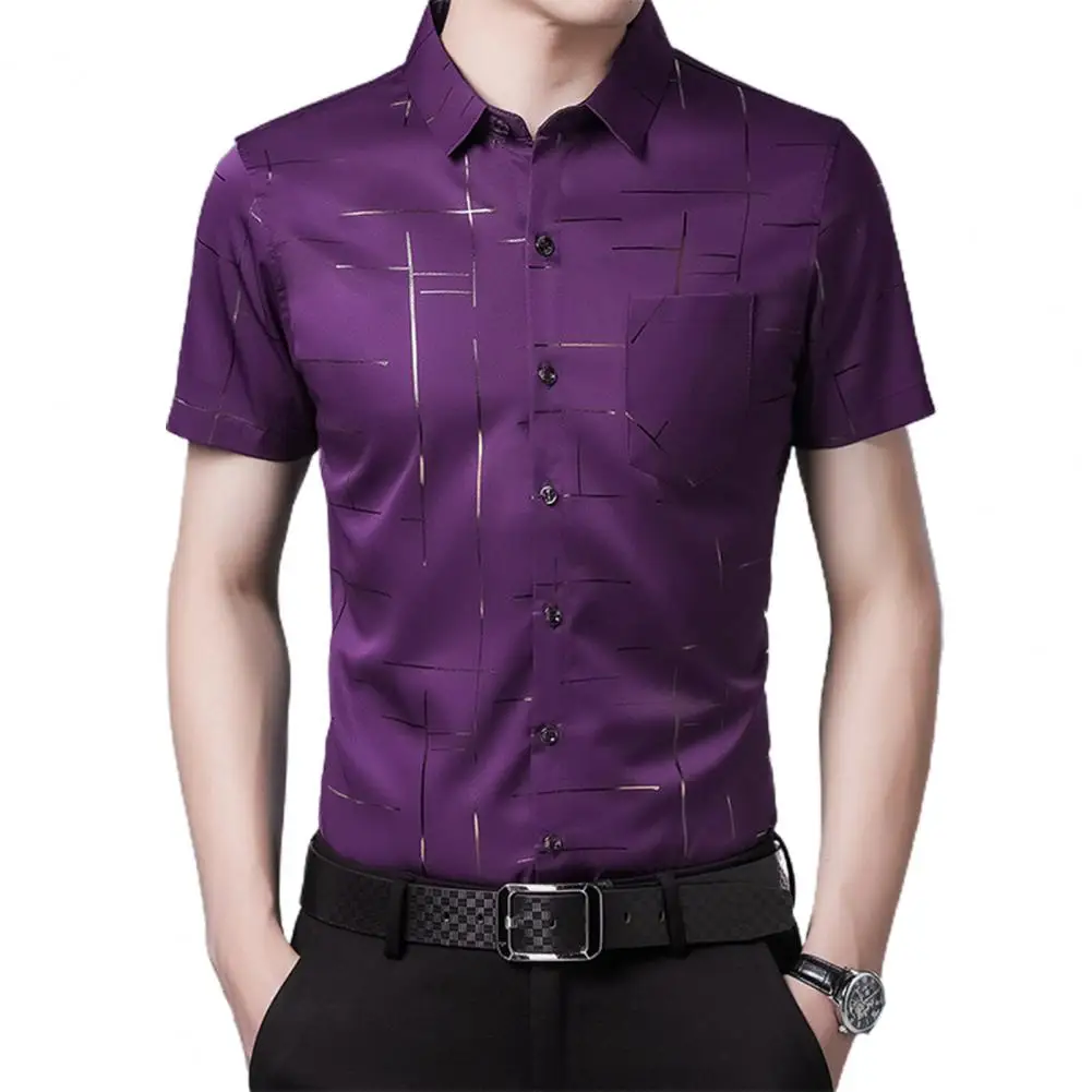 Formal Dress Shirt Men Short Sleeve Fashion Stripe Print Buttons Single Breasted Turn-down Collar Slim Male Shirt Top Wedding