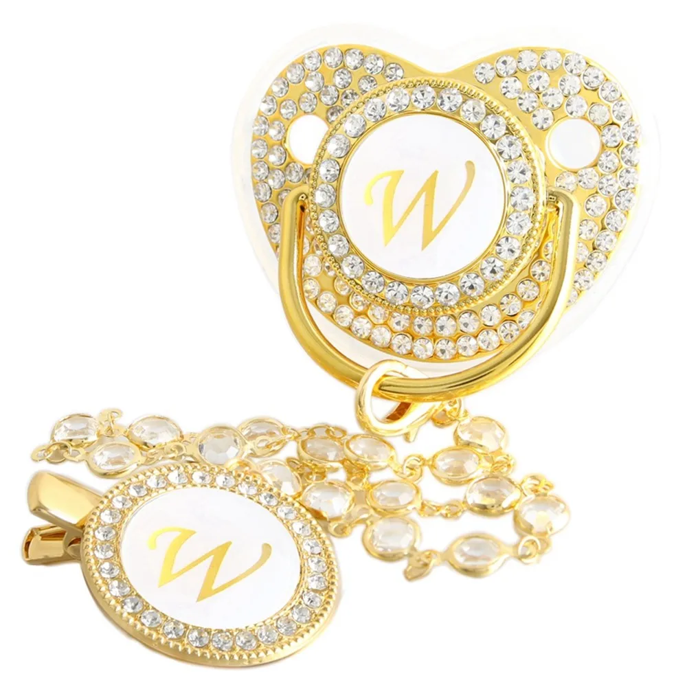 Goldener Baby-Schnuller mit 26 Anfangsbuchstaben und Diamantkettenclip
