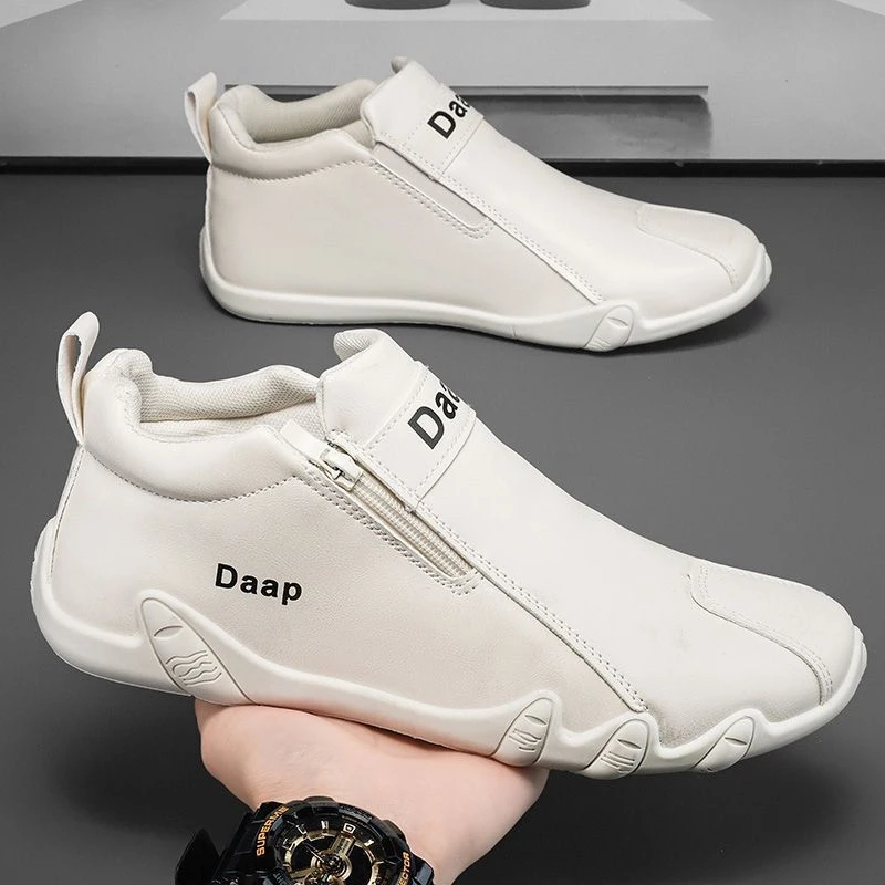

2026New leather casual shoes for men, zippered high-top shoes, trendy versatile work shoes