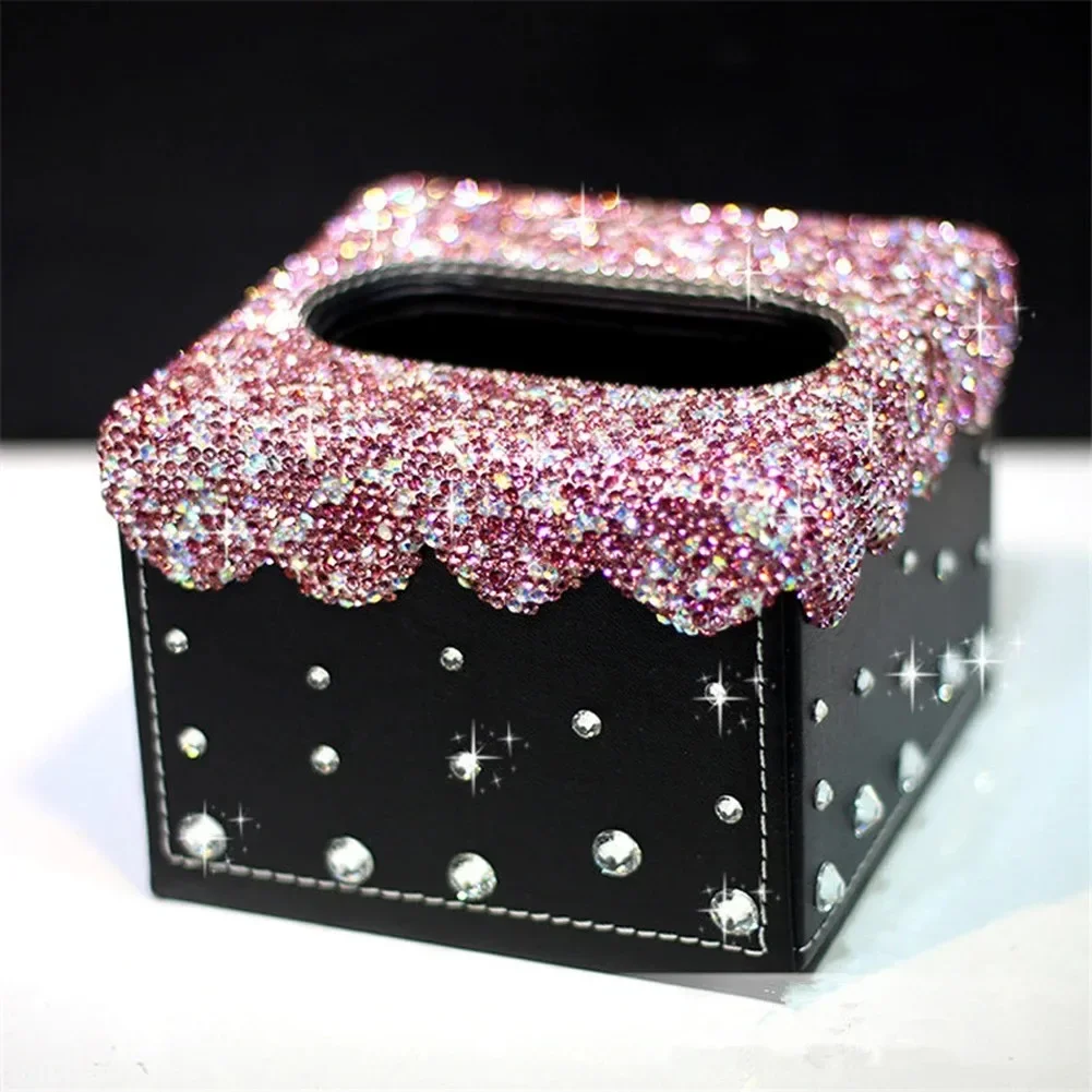 Tissue Boxes Block Leather Type Luxury Crystal Paste Mini Square Style Home Office Diamond Paper Towel Cover Case for Women