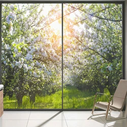 Window Privacy Glass Film Peach Blossom Pattern Frosted Sliding Door Film Static Clings Non-Glue Anti UV Glass Window Film