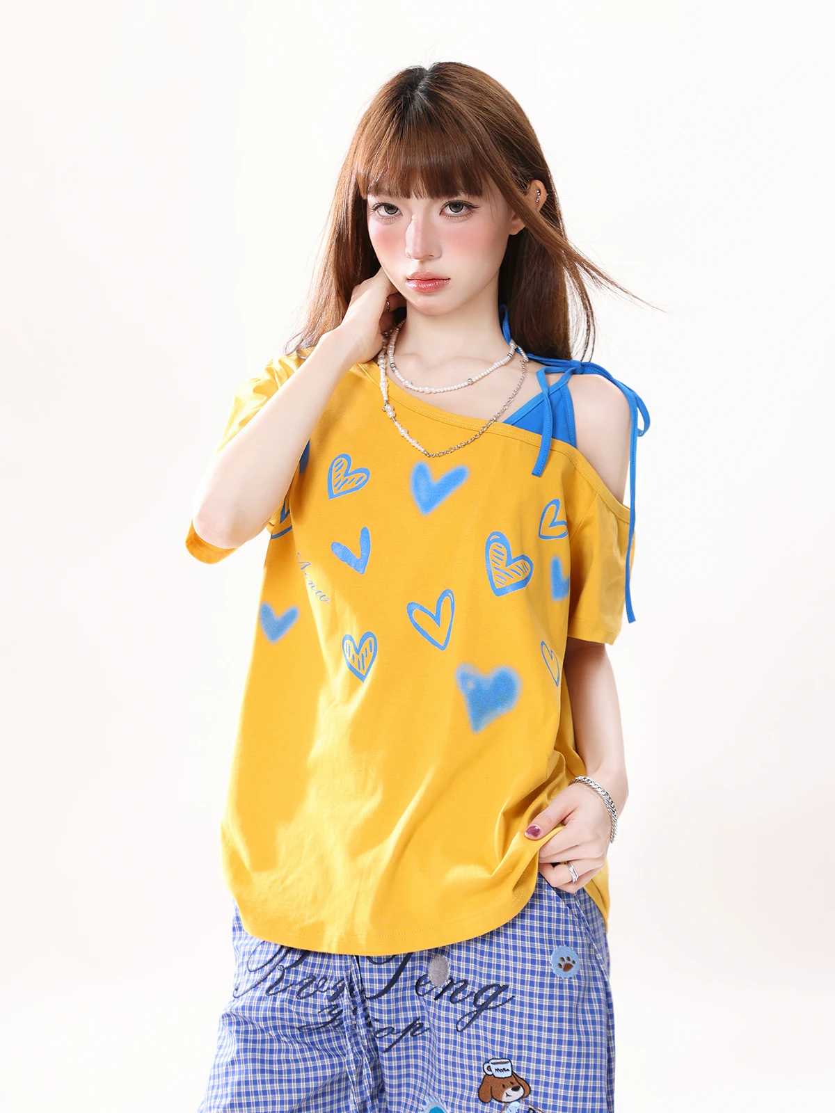 

Casual Loose Women's T-shirt Shoulder Bared Short Sleeve Patchwork Design Heart Patterned Casual Wear Spring Summer Top