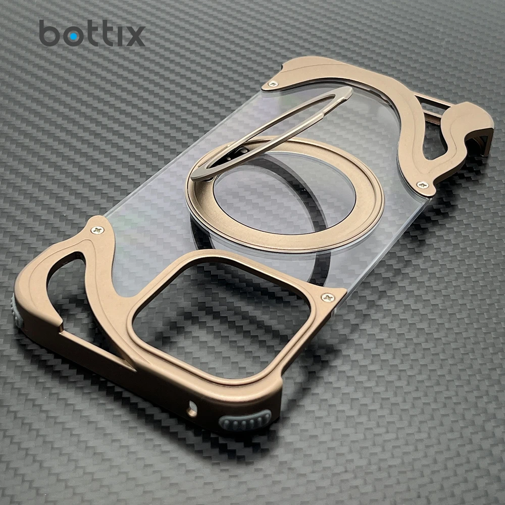 

Прозрачный жесткий чехол bottix для iPhone 16 Pro Max, противоударный, безрамный, из металлического сплава Funda 15 Pro 14, встроенный держатель