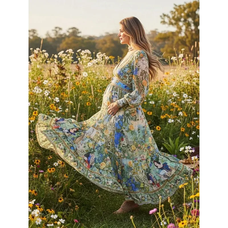 Vintage Blumen-Langarm-Maxikleid für Schwangerschaftsfotoshootings, Babypartys, Geschlechtsenthüllungen, Boho-Fotografie-Outfit