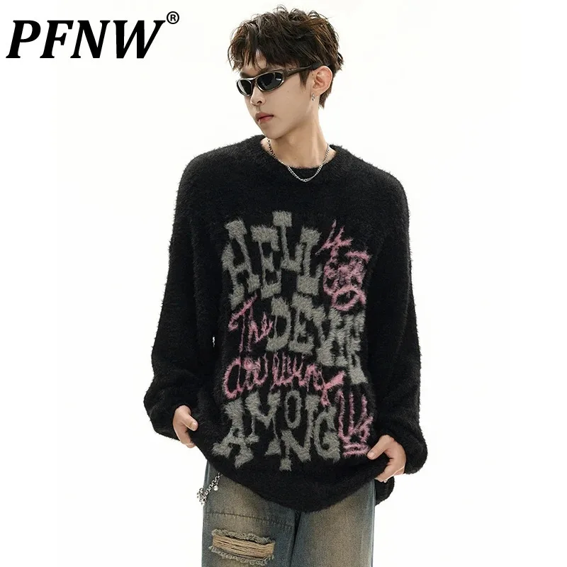 

PFNW American Letter Jacquard Pullover Knit Sweater Men's High Street Round Neck Lazy Style Loose 2024 Autumn Chic New 28W4134