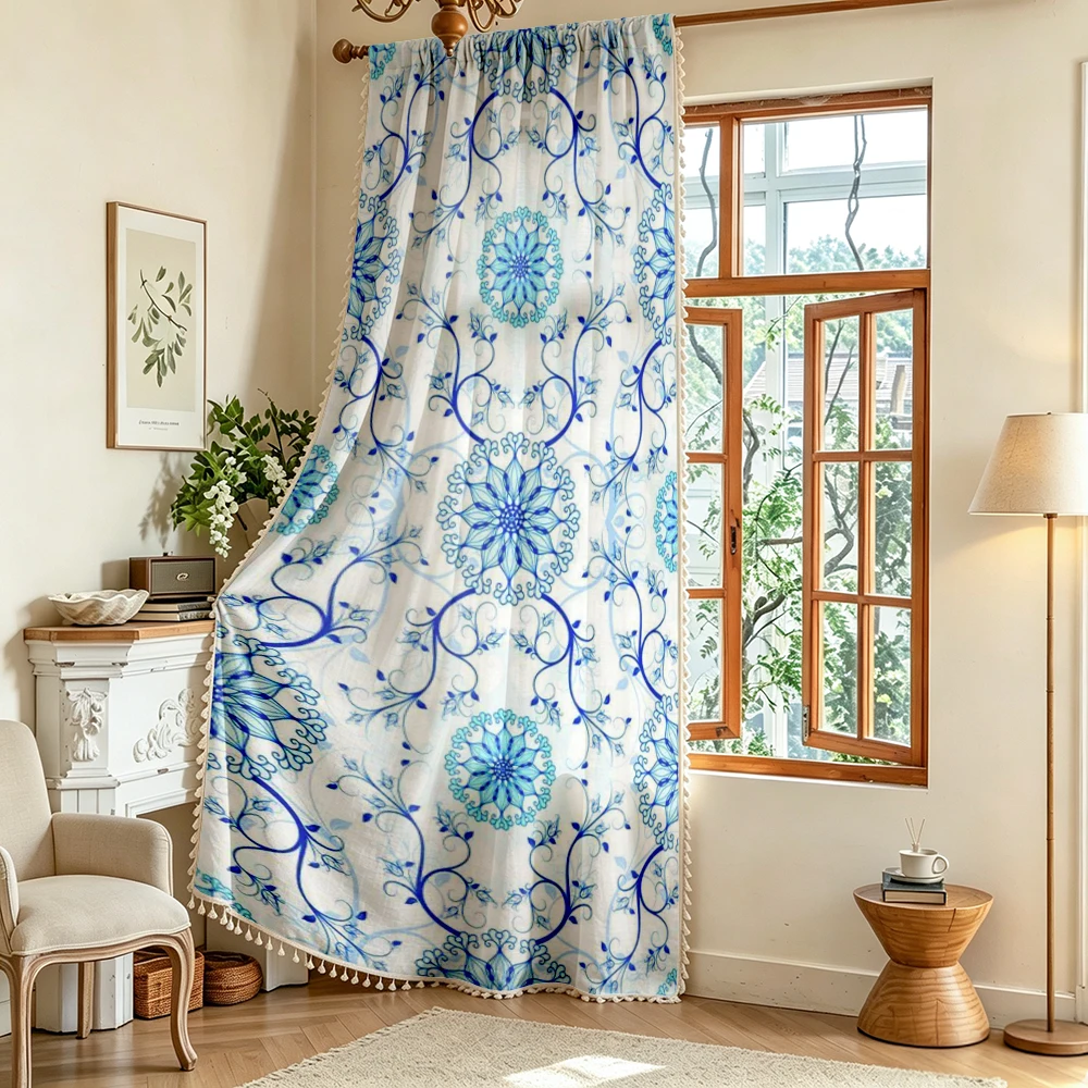 1PC Vintage Tassel Sheer Curtains, Blue Mandala Scroll, Digital Print, Linen Polyester, Bedroom Living Room, Home Decor
