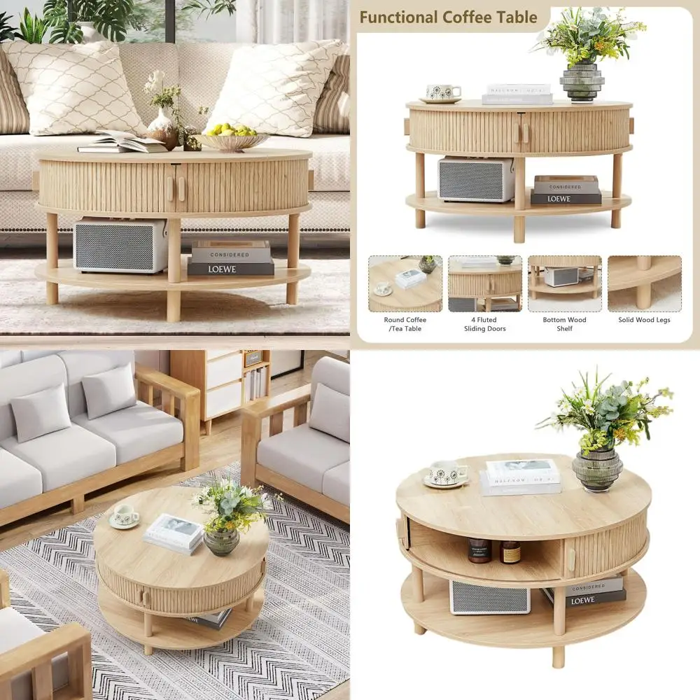 

Mid Century Modern 2-Tier Coffee Table with Sliding Door Storage, Natural Wood Legs, Ideal for Small Spaces