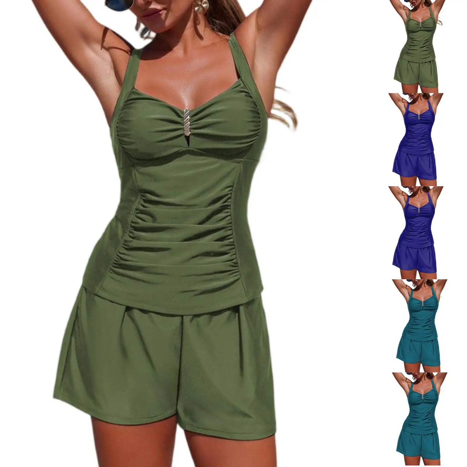 Ruched Tankini Set Summer Spaghetti Strap Pocketed Wide Leg Shorts Slimming Two Piece Beach Vacation Swimwear Bathing Suit