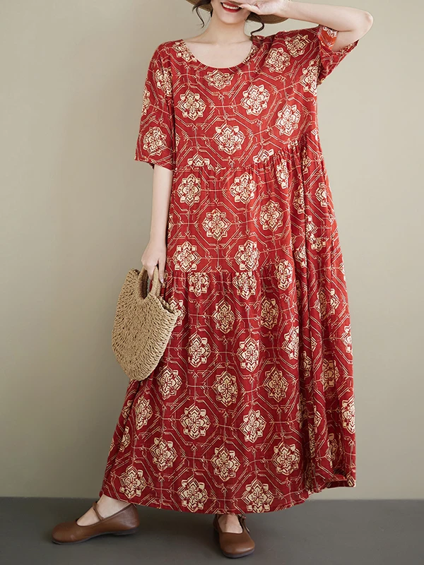 

Богемное свободное макси-платье с винтажным принтом, тонким круглым вырезом, длинными рукавами, женское летнее хлопковое платье А-силуэта, повседневное, для отпуска