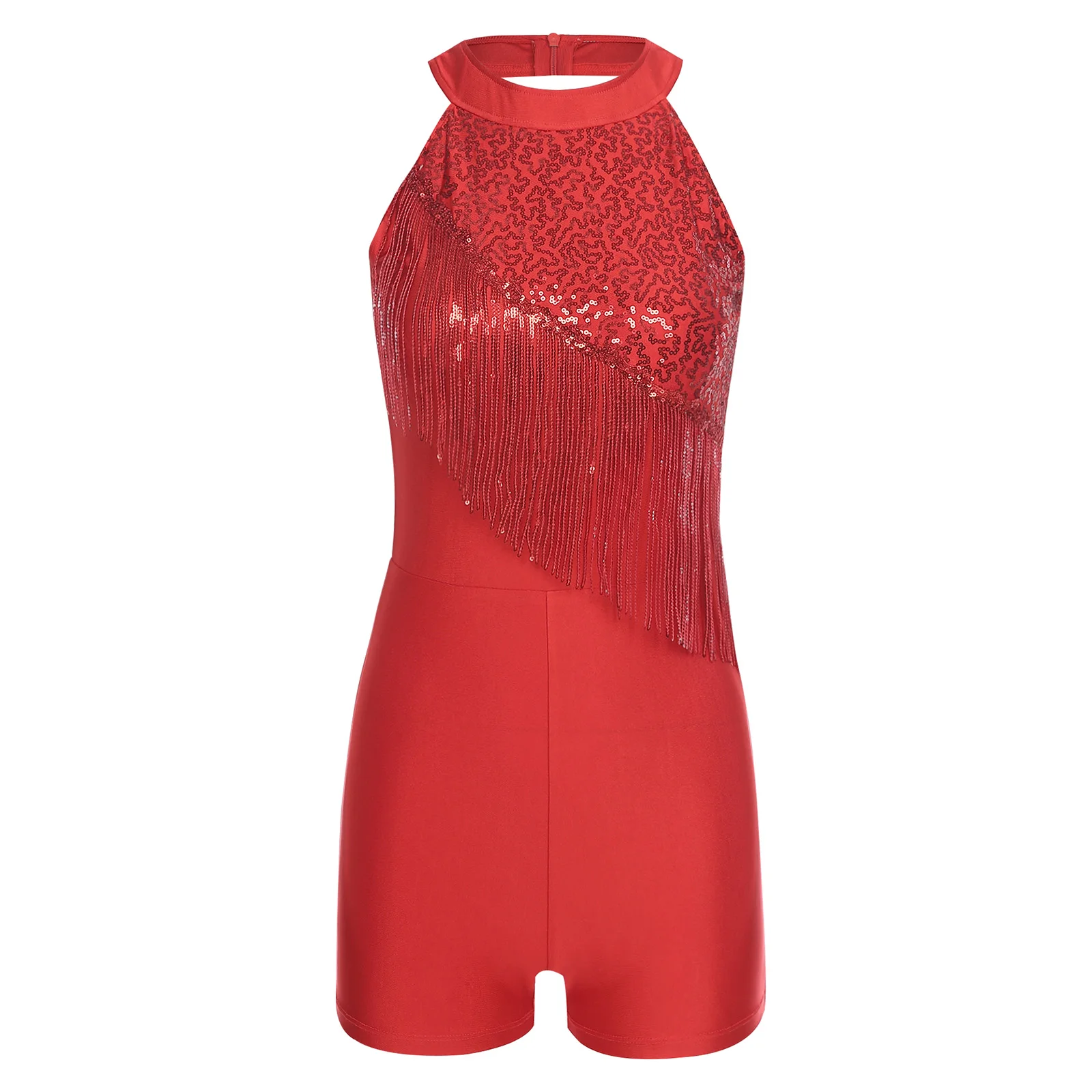 

Women Shiny Sequined Boylegs Shorts Bodysuit for Gymnastic Rhythmic Dance Ballet Jazz Dresses Sleeveless Tassel Rompers Jumpsuit