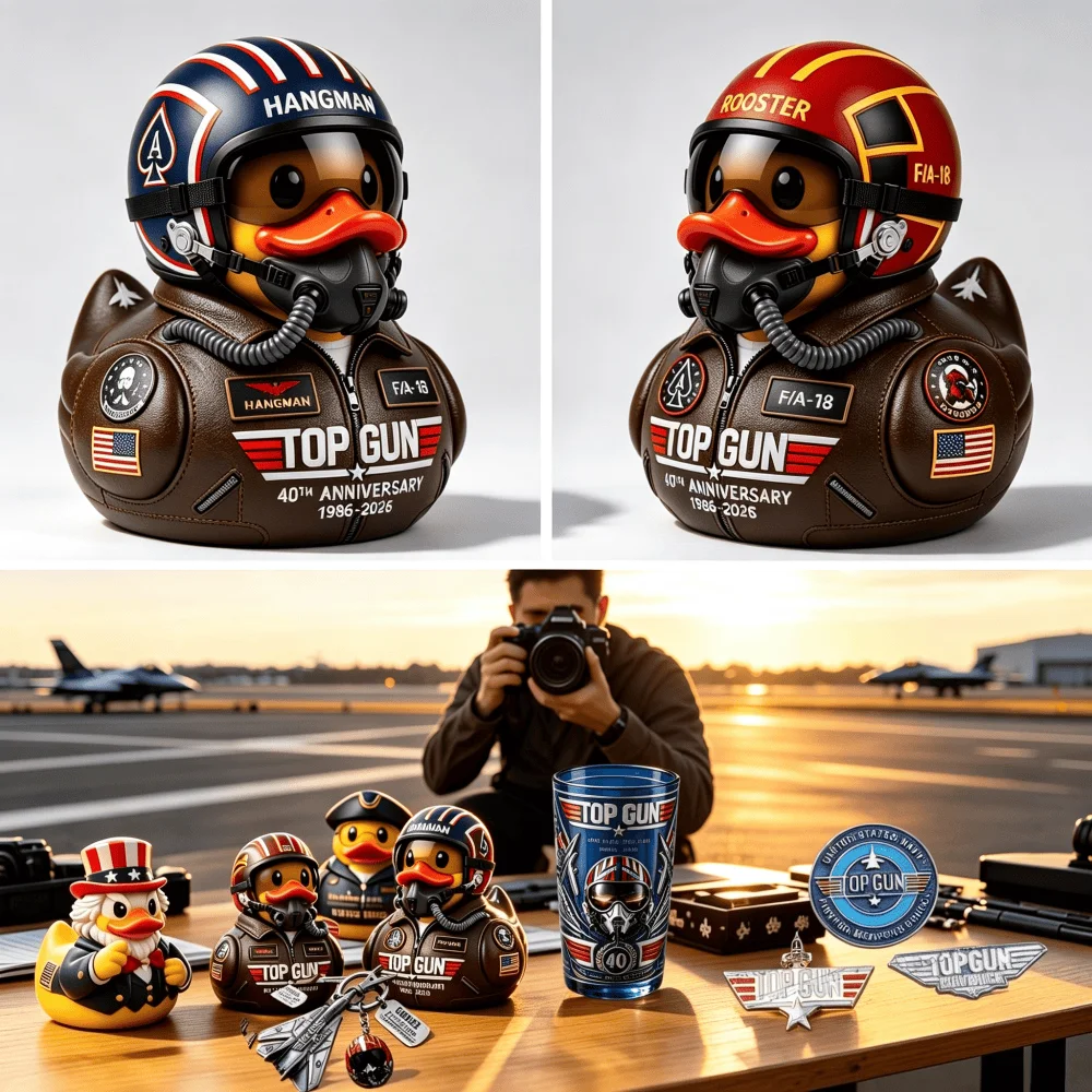 Top Gun 40th Anniversary 250th Anniversary Military Duck Figurine Keychain Badge,Resin Veteran Duck,Veterans Home Decoratio