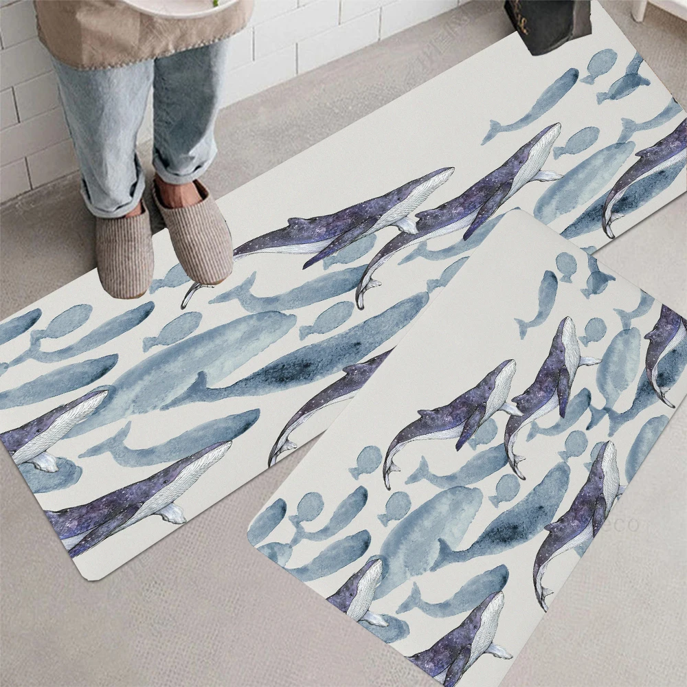 Marine Whale Pattern Kitchen Rug, LaundryRoom Non-Slip Decorative Floor Mat For Living Room Bathroom Entry Door Home Carpets