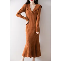 New Fashion 2024 Autunmn/Winter Loose Dresses Casual Women's Dresses Elegant Dresses 100% Wool Knitted Jumpers Fishtail Skirt