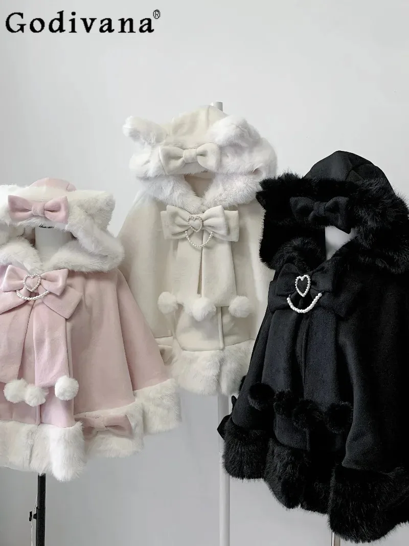 التصميم الأصلي الياباني الإنتاج الضخم الصوف الصوف الكرتون القط الأذن كيب الحلو لطيف فتاة لوليتا الخريف الشتاء معطف دافئ