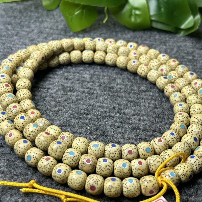 Natural golden yellow star moon Bodhi seed 108-bead Buddhist bracelet, inlaid with silver tubes and multi-colored turquoise