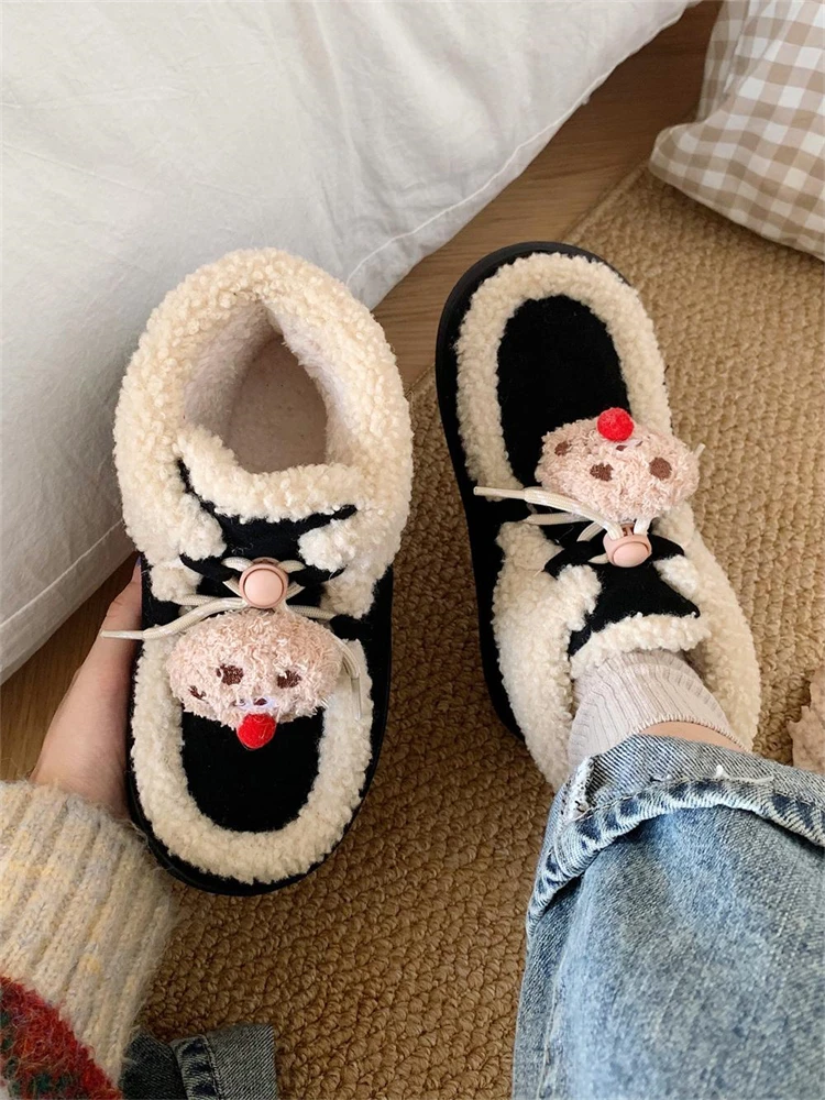 Botas de nieve de invierno de forro polar grueso para mujer, botines cortos casuales cálidos con suela plana, diseño de galleta con rayas finas y pelo rizado de nariz roja