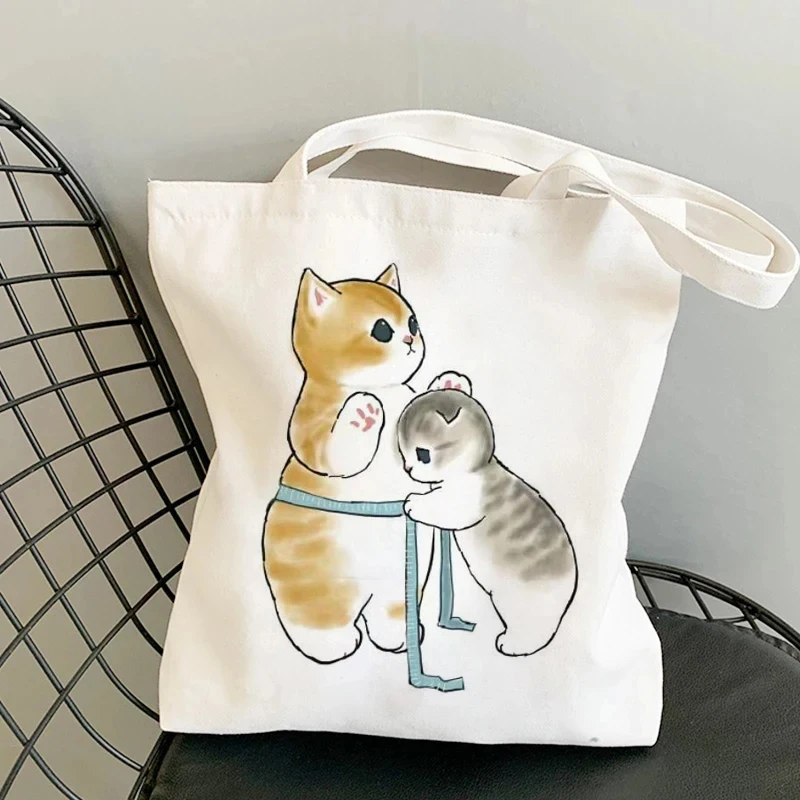 Cute Cat Canvas Shopping Bags Casual Ladies Shopping Bags Large Capacity Printing Women Tote Shoulder Bags Girls School Bags