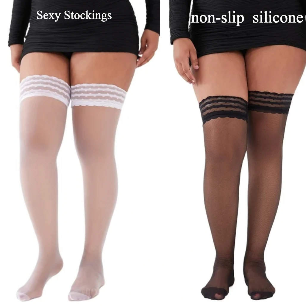 

Luxury Autumn Lace Stockings for Women Transparent Silk Stay Up Non-slip Silicone Stockings Plus Size Hosiery Black White medias