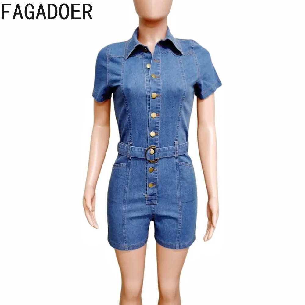 FAGADOER Quality Blue Denim Jumpsuit 2024 Rompers Short Sleeve Single Breasted Belted Casual Jumpsuits for Women Street Office