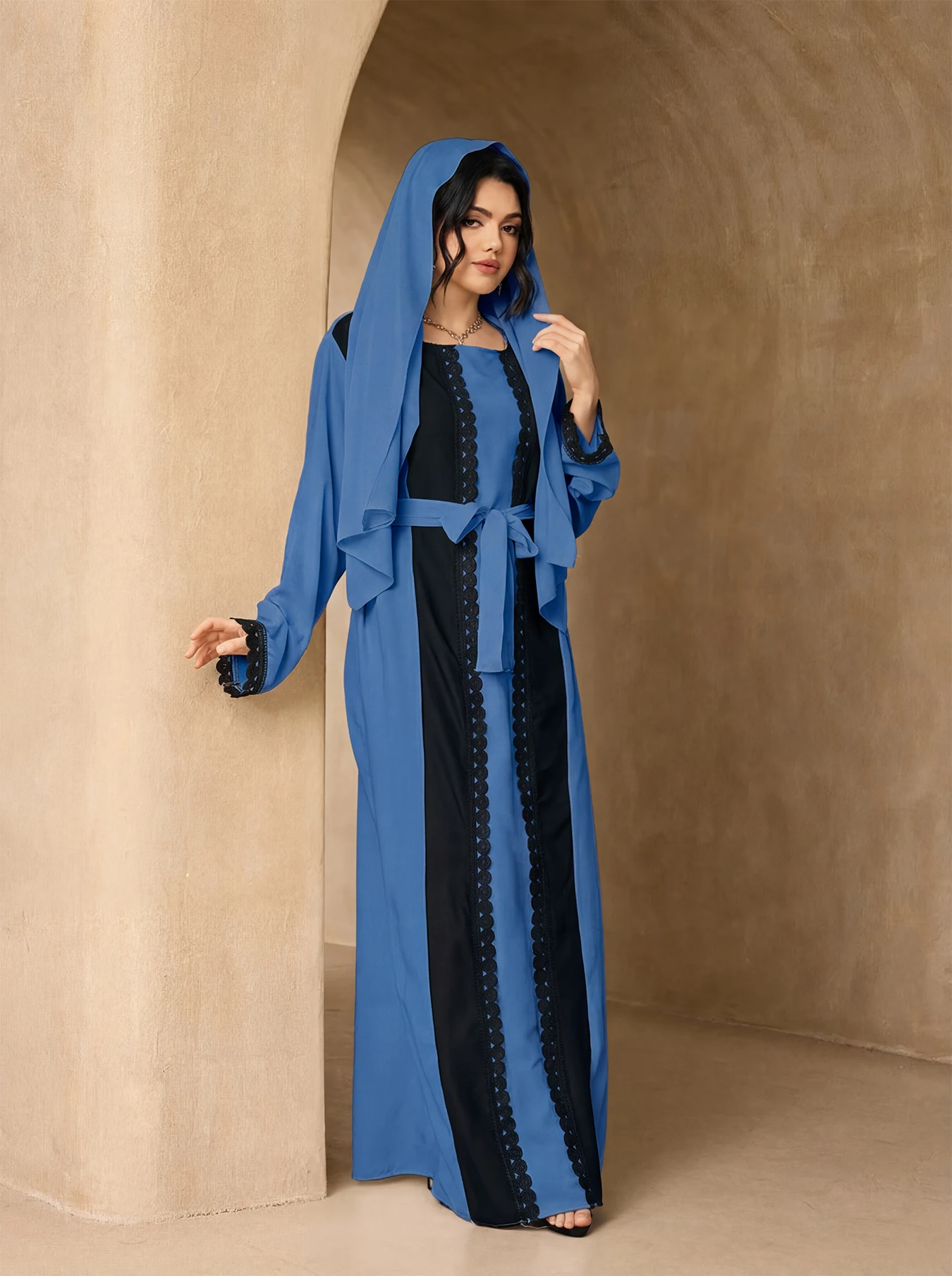 Black Lace Panel Open Abaya 3p - Abaya Modest Wear 评论和价格