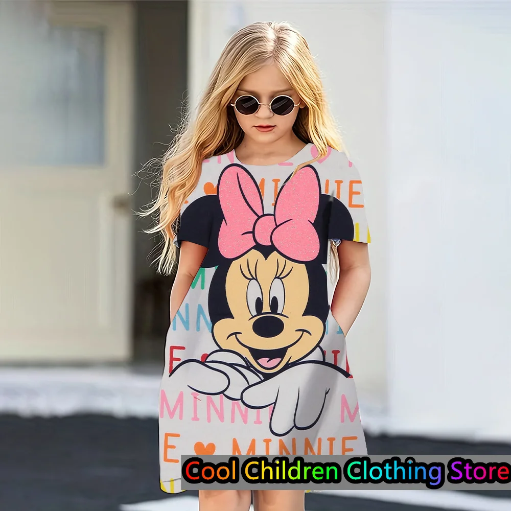 MINISO Disney Minnie Mouse Lion King Kunomi Cartoon Print Dress Girls Dress Birthday Party  Short Sleeve Princess Dress Clothing