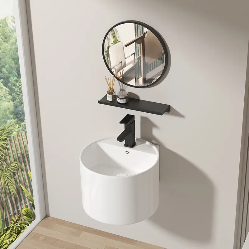 Modern Simple Round Wall Mounted Ceramic Washbasin Small Bathroom Sink Space Saving Household Basin for Apartment Decor