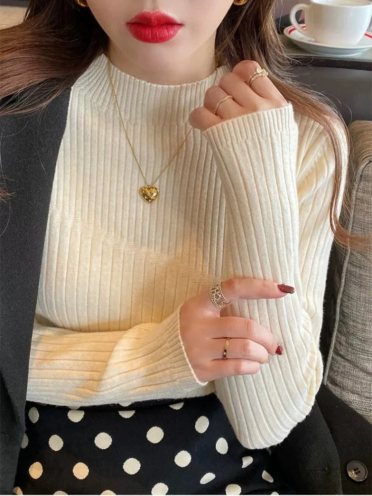 

Повседневные тонкие пуловеры, женские осенне-зимние водолазки, винтажный базовый однотонный вязаный корейский топ, простые шикарные пуловеры