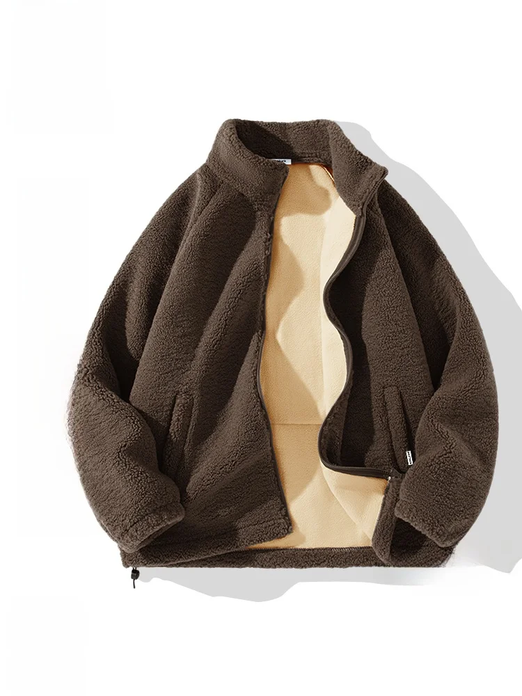

Retro Double-Sided Lamb Fur Jaet Men's Winter Warm Trendy Monkey Mouth Coat Loose Fit Long Sve Zipper Closure
