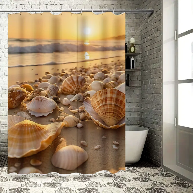 Sunset Seashell Beach Shower Curtain - Vibrant Coastal Design for a Waterproof and Unique Bathroom Décor multiple sizes