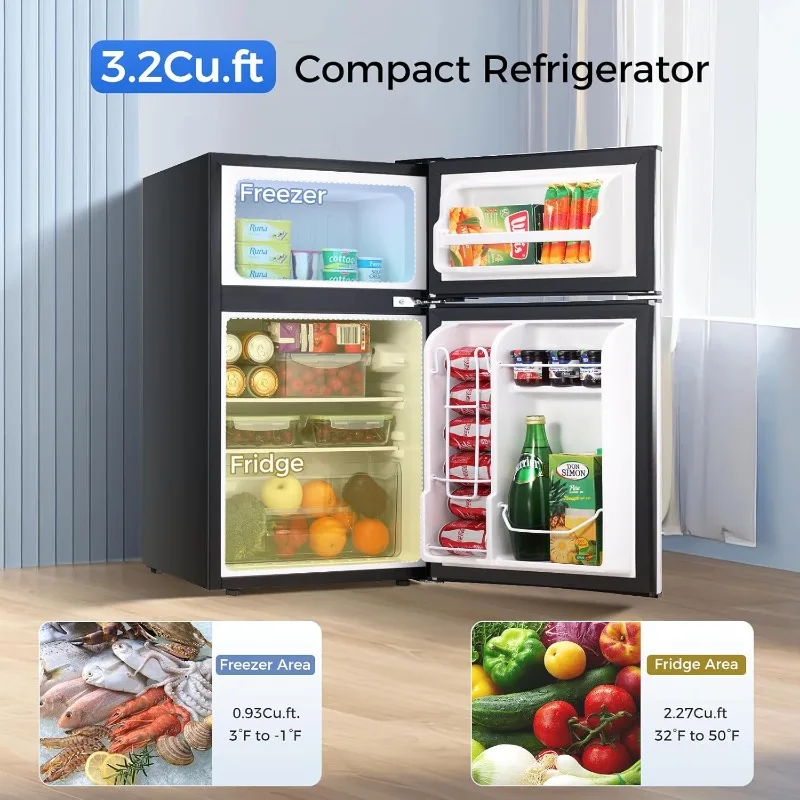 3.2 Cu.Ft Compact Mini Refrigerator with Double 2 Door,Adjustable Temperature,Full Size for Home,Kitchen,Dorm,Apartment