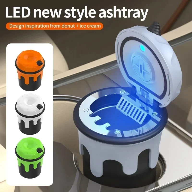 Creativity Ice‑Cream Car Ashtray Night Light Sealed Smoke‑Proof Auto Ashtray Detachable Stainless Steel Liner Portable Ash Tray