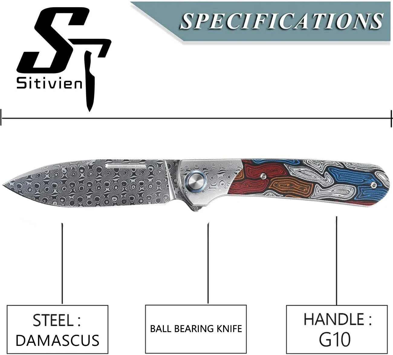 New Sitivien ST256 Pocket Knifes Damascus Steel Blade Colorful G10 Handle Folding Knife EDC for Working Outdoor Camping