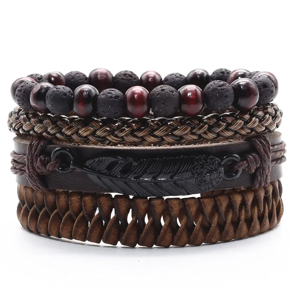 New Casual Weave Multilayer Football Words Charm Men Black Brown Leather Bracelets Female Women Homme Jewelry 4 pcs/Set