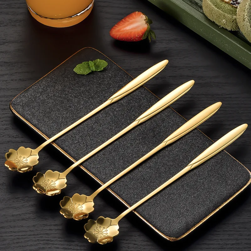 4Pcs Small Flower Teaspoons Set Long Coffee Spoon Cute Ice Cream Dessert Spoon Golden Cutlery Silver Stainless Steel Tableware