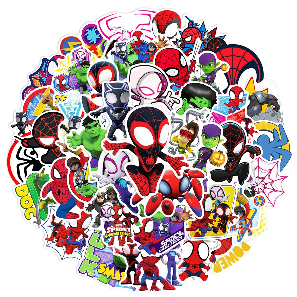 10/30/50 buah stiker Disney Spider Man Amazing Friends DIY gitar Laptop bagasi Skateboard stiker grafiti menyenangkan untuk hadiah anak-anak