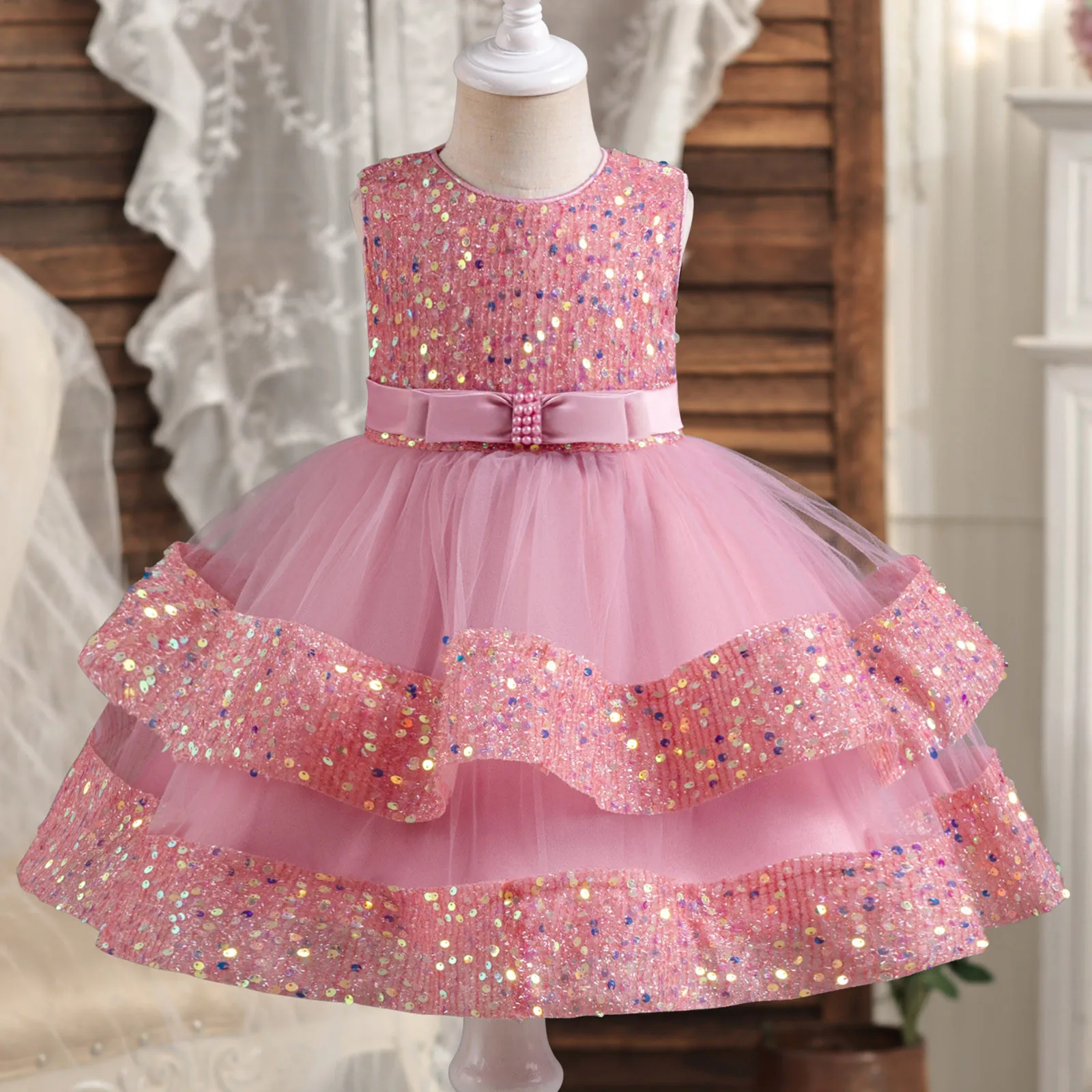 Baby Girls Tutu Tulle Dress Party Gowns Shiny Sequins Dresses for Wedding 1 2 3 4 Years Birthday Party Princess Children Costume