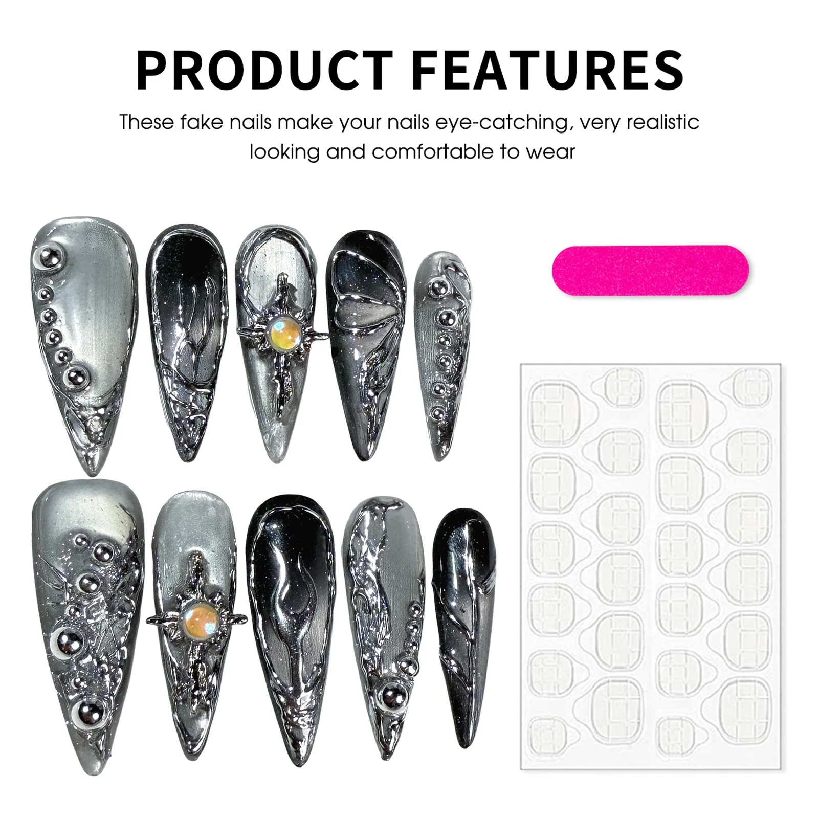 10 Uds. De ojos de gato plateados geniales, uñas postizas de punta larga con espejo mágico 3D en polvo, uñas postizas hechas a mano, decoración de estrellas de Metal, uñas postizas