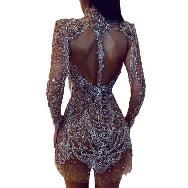 Luxury Birthday Evening Party Gown Sparkly Bodysuit Women Sexy Mesh See Through Performance Dance Stage Costume F9JM view 2